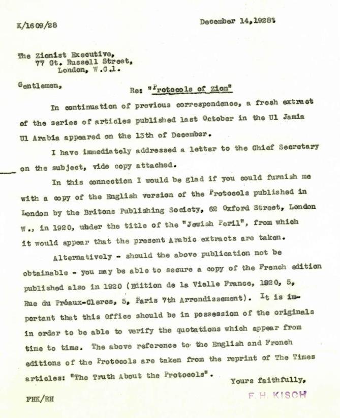 Letter from F. H. Kisch to the Zionist Executive in London, 1928 (S1\1607)